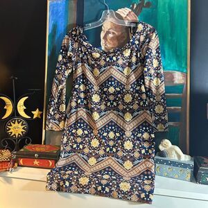 Vintage Y2K Boho Floral and Geometric Print Off The Shoulder Dress Large